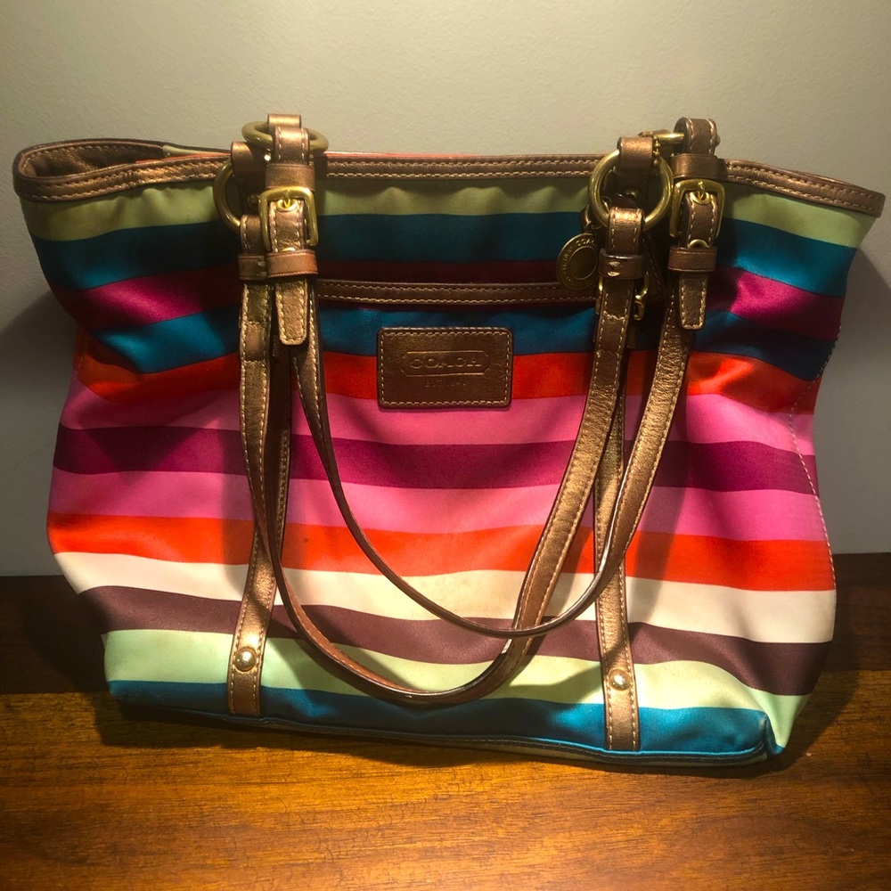 Coach Multi-color Stripe Purse/Bag Satin & Leather